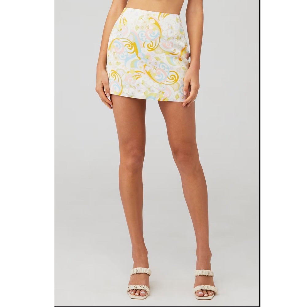For Love & Lemons Aiko Mini Skirt Small $135 High Waist Star Swirl Floral Yellow